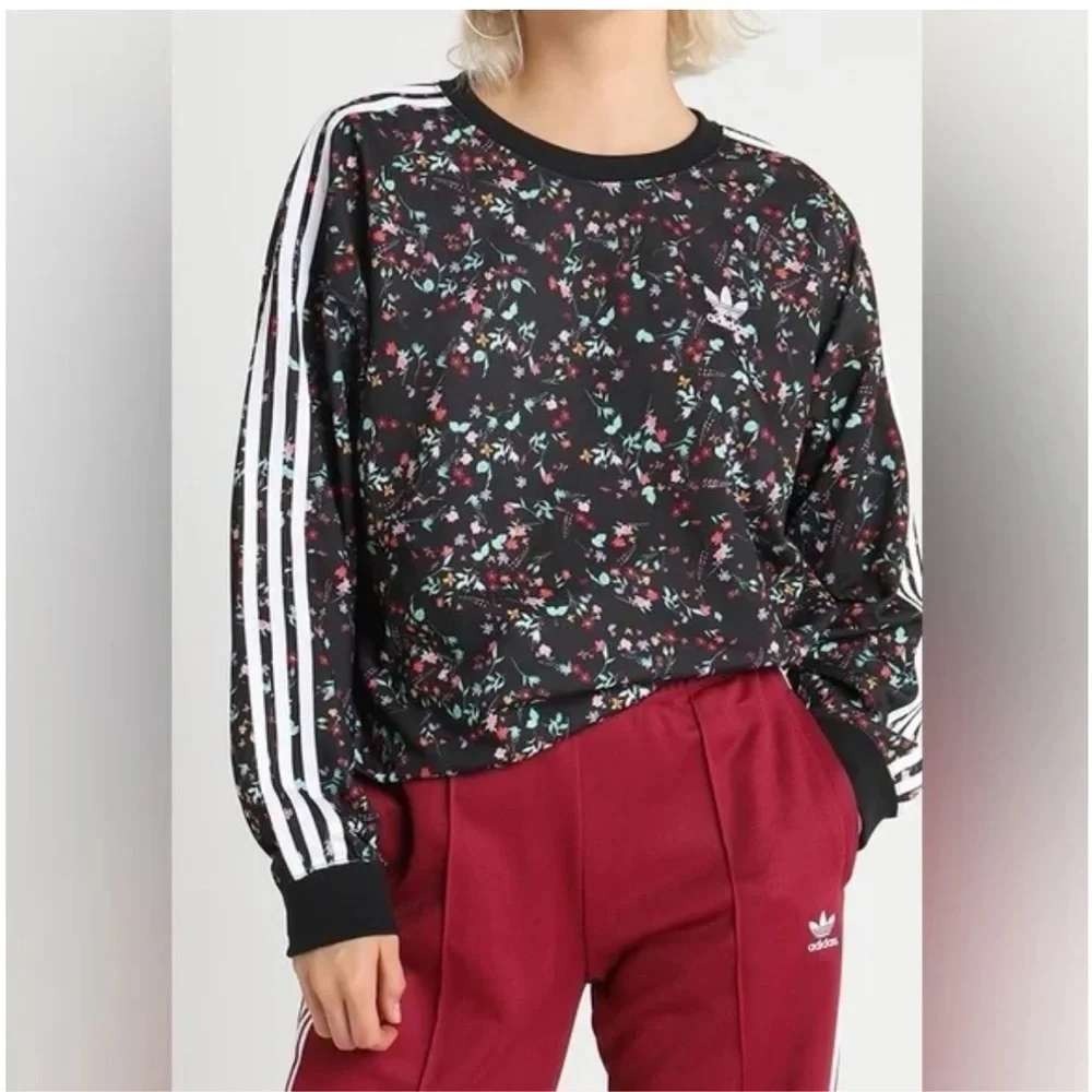Adidas‎ Sweatshirt Women XS Black Floral Trefoil Pullover 3-Stripes Crew Neck
